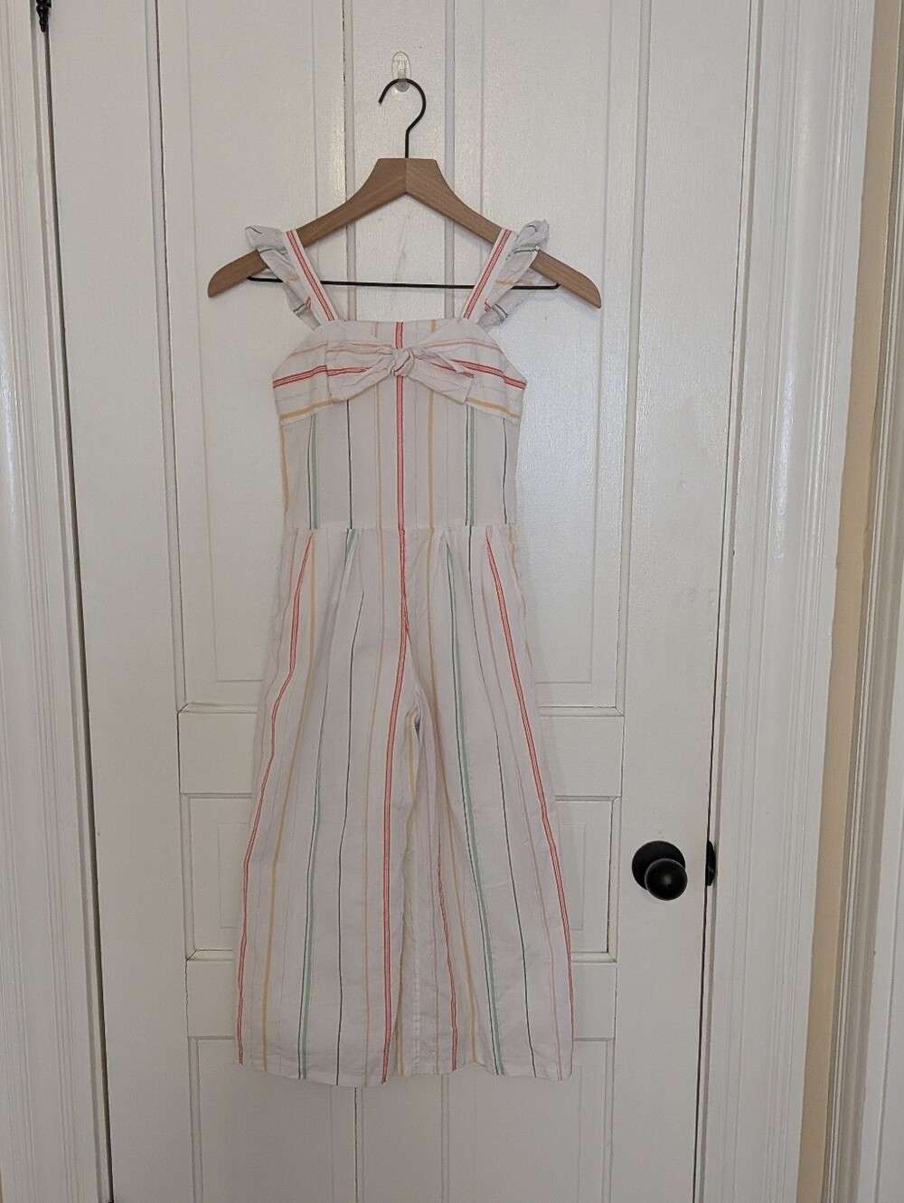 Janie and Jack white jumpsuit with pastel strips and bow size 7